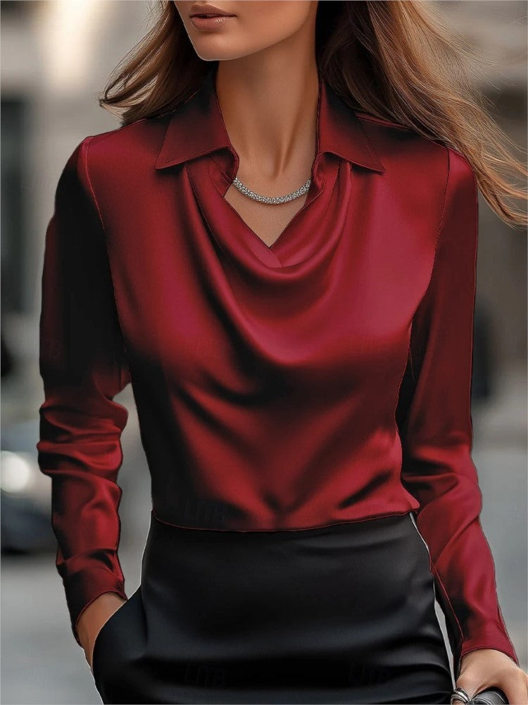Satin Women's Shirt Retro Long Sleeved Spring Autumn New Style Solid Color Simple Swing Collar Shirt Collar Women's Top