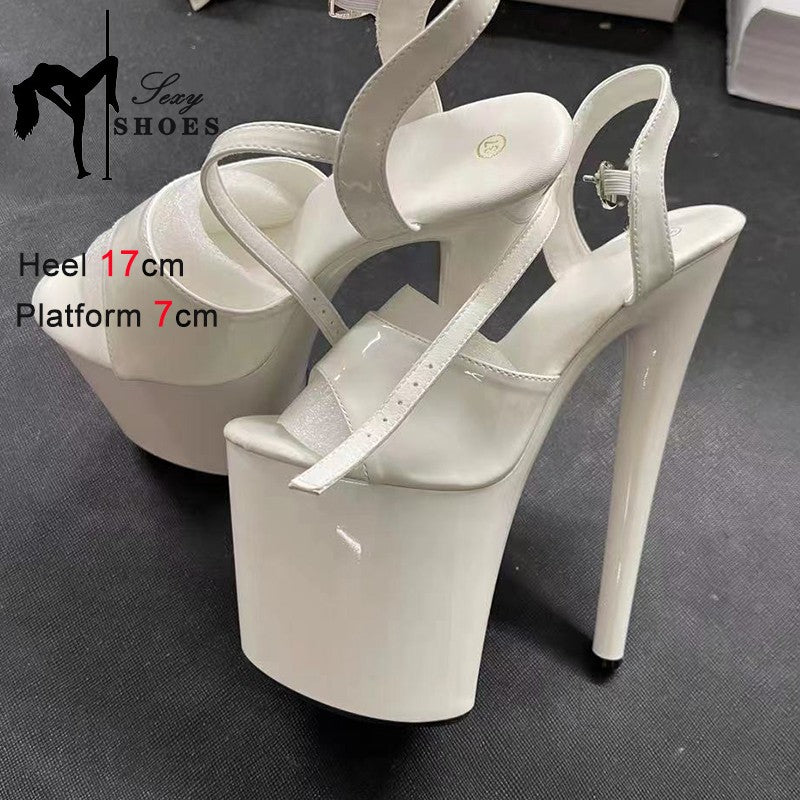 20CM 17 15cm Super High Heeled Nightclub Thin Heels Women's Platform Sandals Ankle Buckle Fashion Pole Dancing Shoes Plus Size