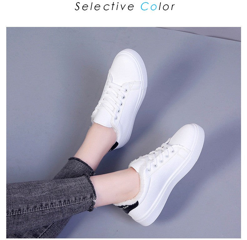Tênis Feminino de Inverno, Quente, Pelúcia, Sola Vulcanizada, Plataforma, Algodão, Cadarço, Branco, Com Pelúcia, Casual