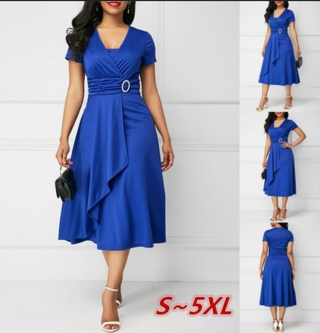 Summer Dresses Elegant Women Solid Color Short Sleeve V Neck Asymmetric Hem Wais