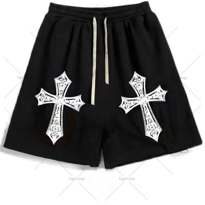 Street Hip-hop Cross Design Pattern Loose Casual Shorts Men American Y2K Harajuku Oversized Fashion Versatile Mid-pants Women