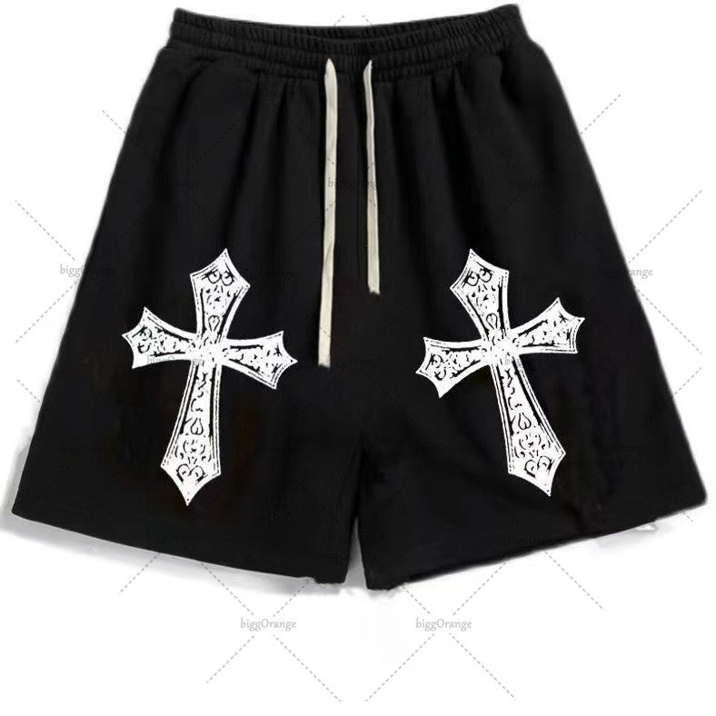 Street Hip-hop Cross Design Pattern Loose Casual Shorts Men American Y2K Harajuku Oversized Fashion Versatile Mid-pants Women