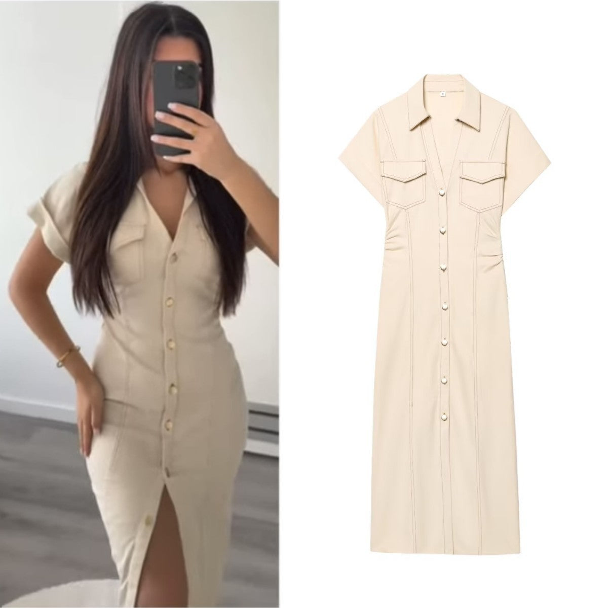ETJ 2025  Spring New 1975 series denim MIDI dress with lapel side zipper fashion