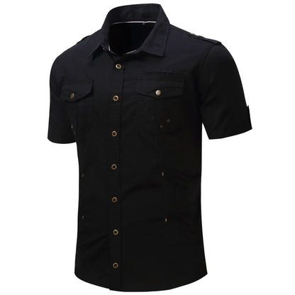 2025 New Fashion Men's Short Sleeve Safari Shirt Tops Summer 100% Cotton Solid Color Casual Cargo Work Shirts with Pocket