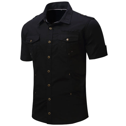 2025 New Fashion Men's Short Sleeve Safari Shirt Tops Summer 100% Cotton Solid Color Casual Cargo Work Shirts with Pocket
