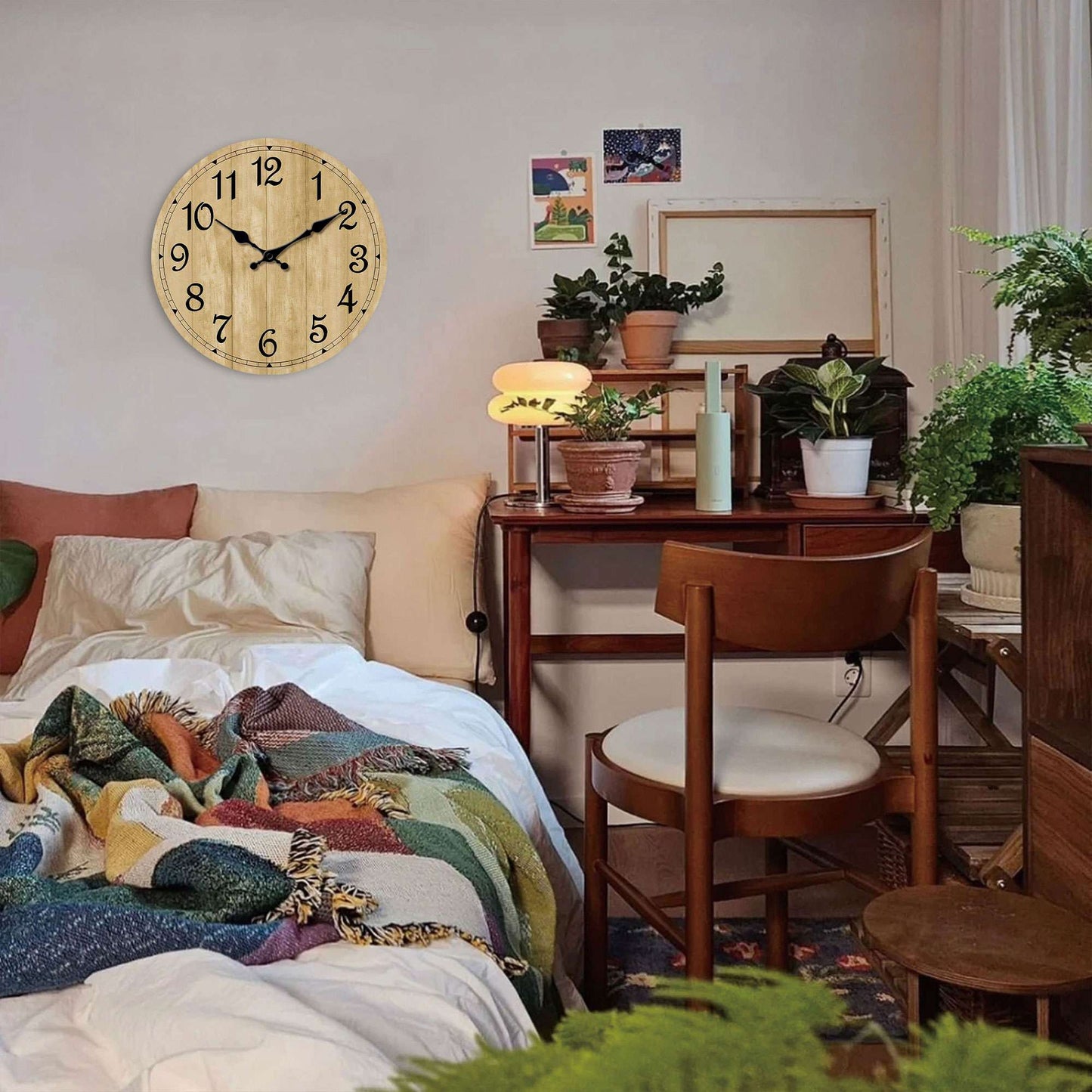 Modern silent quartz wooden wall clock - imitation wood color wood texture design simple wall clock, suitable for living room, b