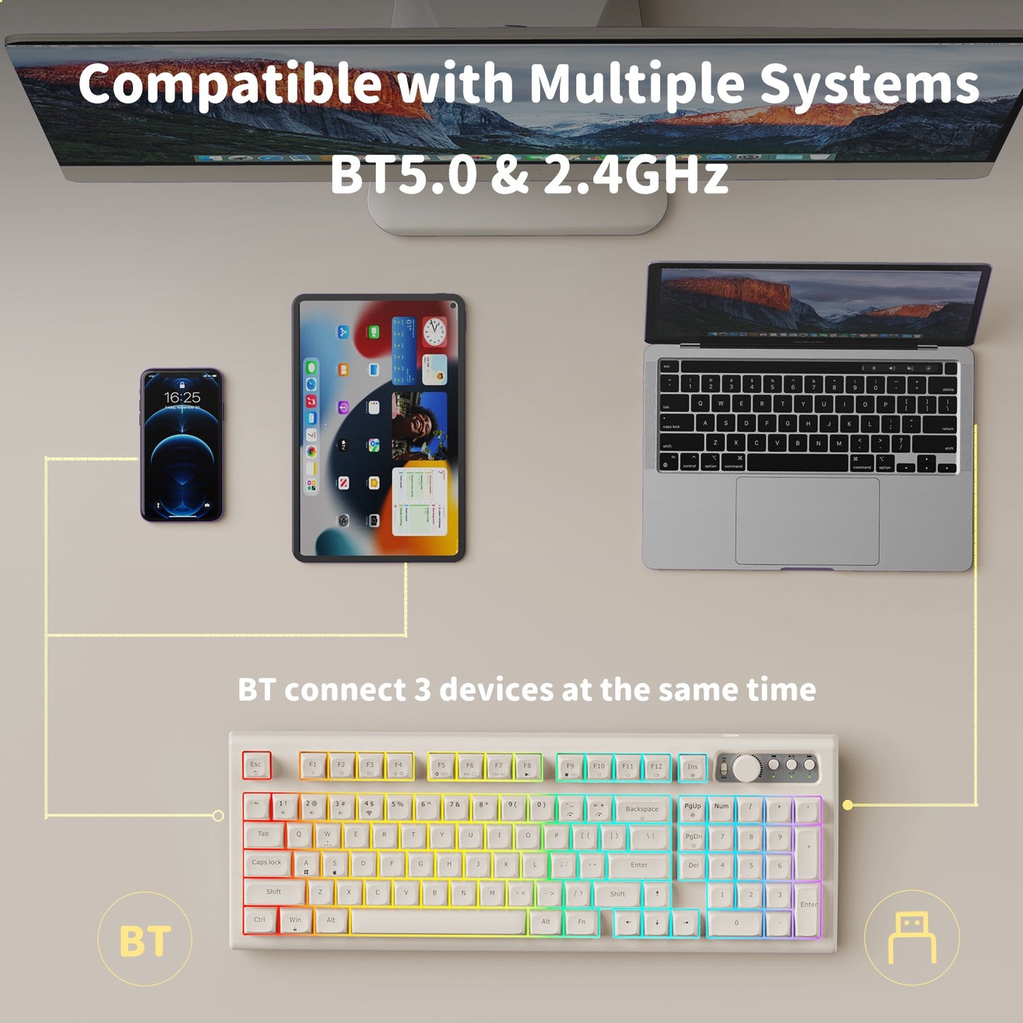 Teclado EWEADN V97 Cute Creamy, Teclado Gamer Sem Fio Bluetooth/2.4GHz com Retroiluminação RGB, Recarregável, Silencioso, para PC Gamer