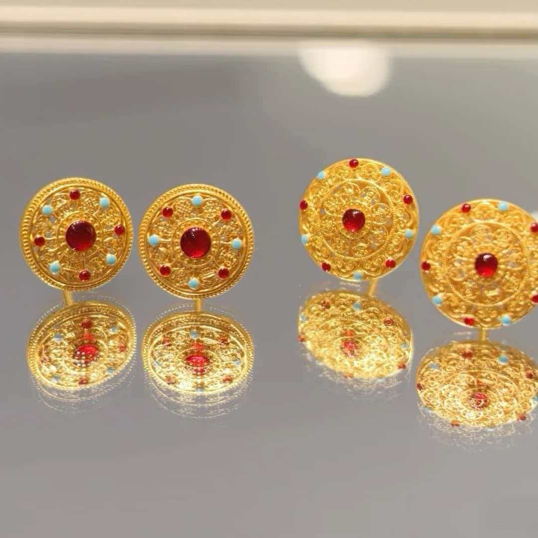 Elegant Enamel Craft Enamel Eight Treasures Compass Stud Earrings For Women 24K Gold AU999, Delicate glaze with ancient charm