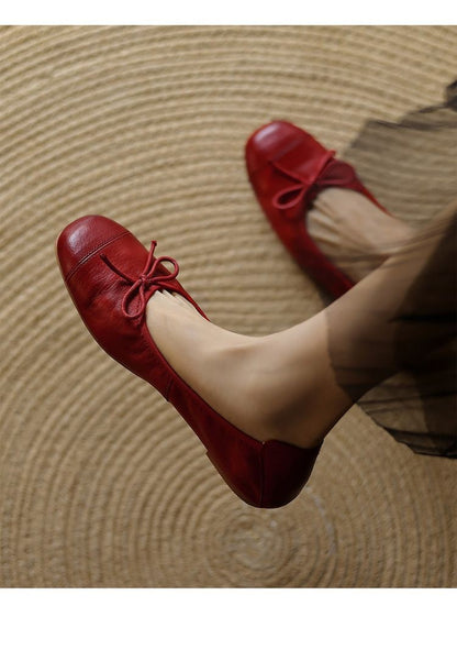 Mary Jane Women Loafers Hand Stitch Casual Streetwear Ballet Flats Soft Sole Solid Color Women Shoes Comfy Round Head Bow Shoes