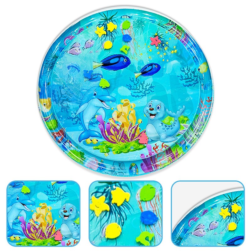 1pc 100cm/39.4inch PVC Baby Playing Water Mat Blue Round Seal Pattern Toddler Pad Kids Early Education Activity Toys Mat Cushion