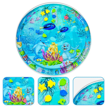 1pc 100cm/39.4inch PVC Baby Playing Water Mat Blue Round Seal Pattern Toddler Pad Kids Early Education Activity Toys Mat Cushion