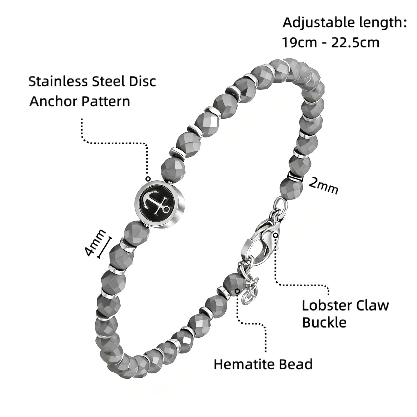 Pulseira Masculina Runda com Pingente Âncora em Hematita Preta Aço Inoxidável Ajustável 22cm Joia de Miçangas com Amuleto da Moda