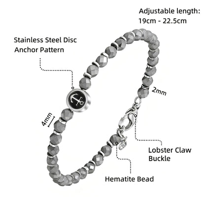 Pulseira Masculina Runda com Pingente Âncora em Hematita Preta Aço Inoxidável Ajustável 22cm Joia de Miçangas com Amuleto da Moda