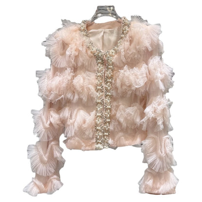 2025 Autumn New French Pearl Lace Layered Mesh Jacket Top