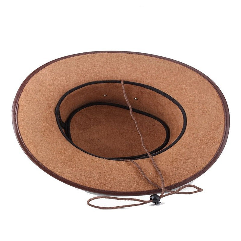 Chapéus de caubói ocidentais masculinos Combhasaki com cordão ajustável, couro artificial, aba larga, chapéu de sol moderno unissex para ambientes externos