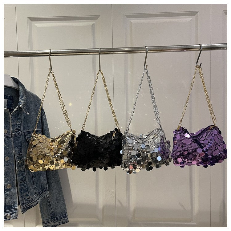 Sequin Evening Party Shoulder Bags for Women Lightweight Portable Ladies Chain Crossbody Bag Solid Color Casual Female Handbag