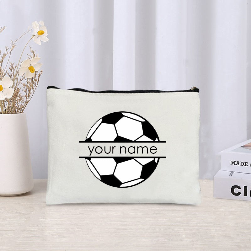 Basketball Football Custom Name Canvas Cosmetic Bag Organizer Travel Sundries Storage Zipper Pouch Wallet Gift for Sports Lovers