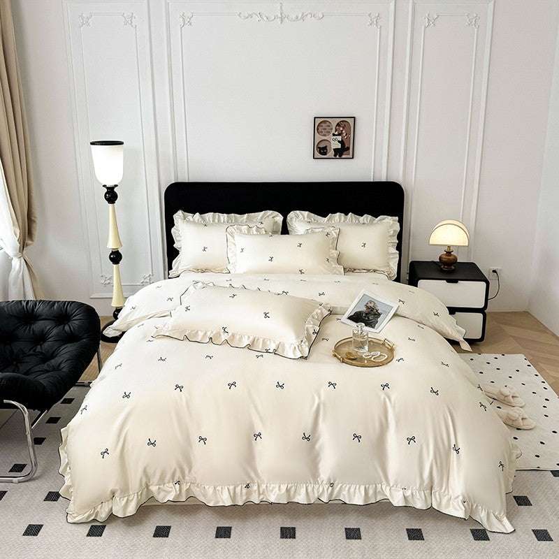 Conjunto de capa de edredom coreana de renda 3 peças (1*Capa de Edredom + 2*Fronhas, Sem enchimento), Conjunto de cama com estampa de bolinhas pretas