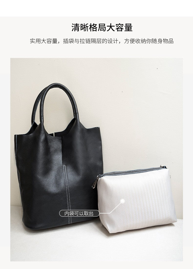 Genuine Grade Leather Women Commuter Tote Bag Ladies Soft Cowhide Tote Shoulder Handbag Large Female Bucket Bag Luxury Designer