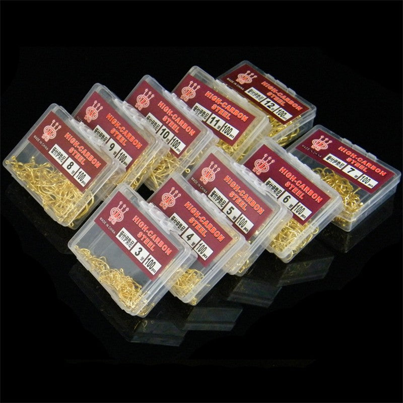 100 pçs/lote Aço Carbono Alto Anzóis de Mosca Dourados 3#-12# Anzóis de Pesca Jig Anzol Farpado com Furo Acessório de Pesca Pesca