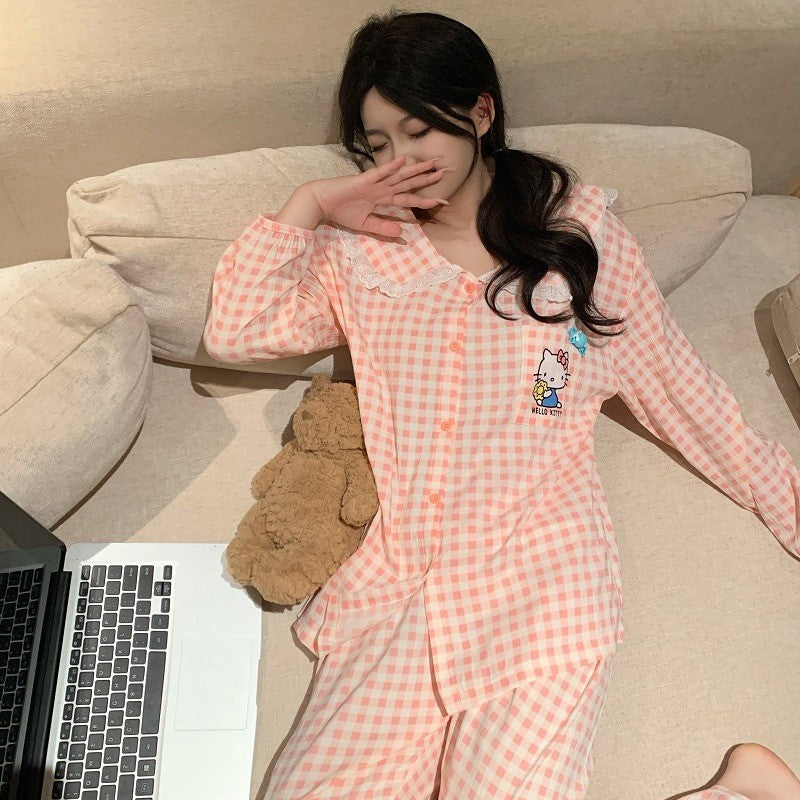 New Plus Size Sanrio Long Pajamas HelloKitty Lace Plaid Kawaii Cartoon Loose Sleepwear Pajamas Sets Autumn Winter Nightwear