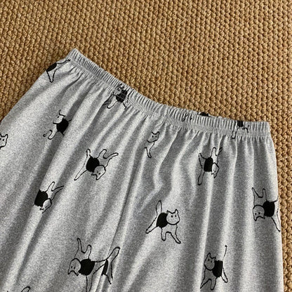 Cartoon HelloKitty Print 2PCS Set Women's Sleepwear with Chest Pad Plus Size Pyjamas Loungewear Crew Neck Loose Pajamas Homewear