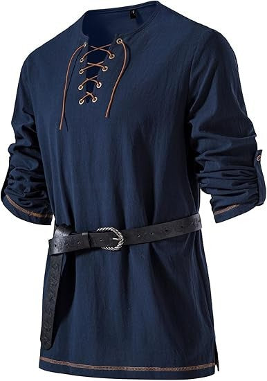 Men's Medieval Lace Up Tunic Shirt Renaissance Viking Pirate Costume Long Sleeve Retro Tops with Belt for Halloween Cosplay
