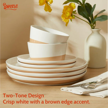 Sweese 18 Pieces Porcelain Dinnerware Set, Modern Dish Set for 6, Hand Painted Kitchen Plates and Bowls Sets, Scratch Resistant
