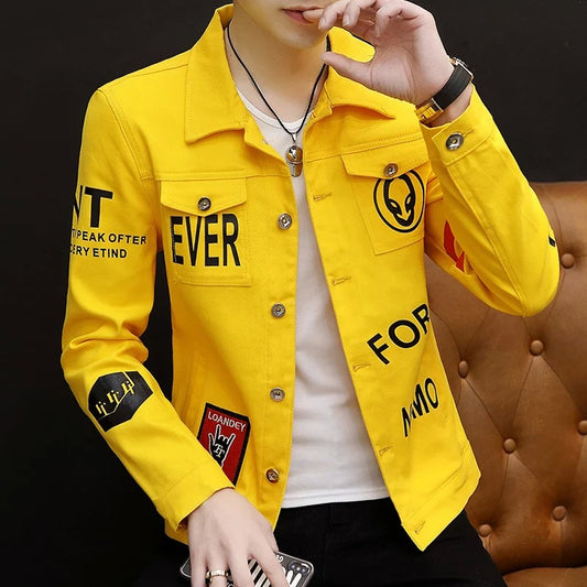 spring autumn New Men's Casual Cotton Denim Jacket Classic Style Fashion Slim Washed Retro Letter printing Jean Casual Coats