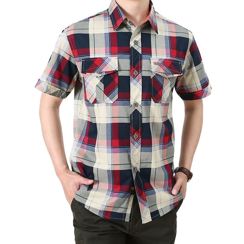 New Summer Men Short Sleeved Plaid Shirts Male Outdoor Multi Pockets Tooling Shirts Quality Man Cotton Loose Casual Cargo Shirts