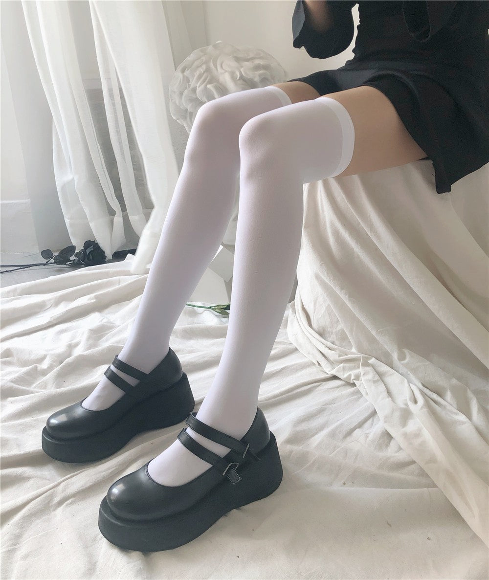 JK Women Black White Knee High Lolita Socks Lady Girls Over Knee Cute Long Sock Thin Breathable Solid Color Stockings For Women