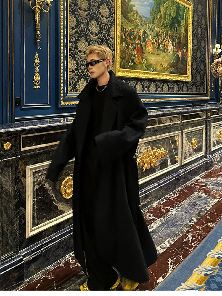 Mauroicardi Autumn Winter Oversized Extra Long Warm Navy Blue Wool Blends Coat Men Loose Luxury Designer Woolen Overcoat 2024