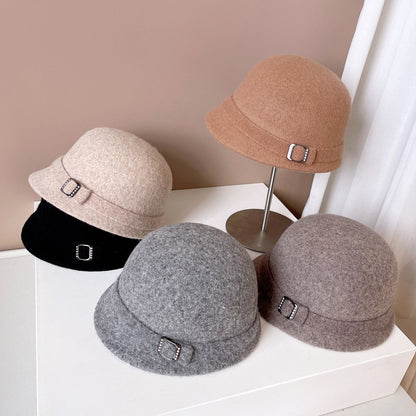 Chapéu de Lã Japonês Feminino Outono Inverno Quente de Tricô Fivela de Diamante Fita Chapéu de Pescador Chapéu de Bacia Pequena Frente e Verso