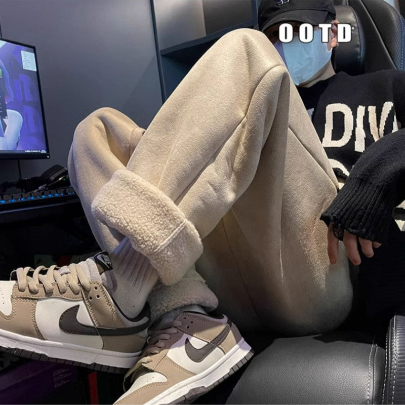 Women's Suede Thickened Straight Leg Pants Korean Style Wide Leg Autumn Winter New Student Fashion Casual Trousers