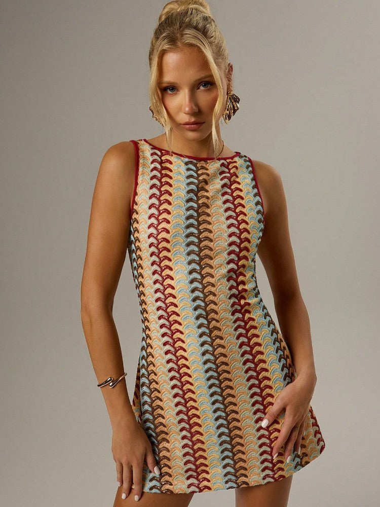 Irregular Printed Knitted Mini Dress For Women Chic Backless Slanted Shoulder Sl