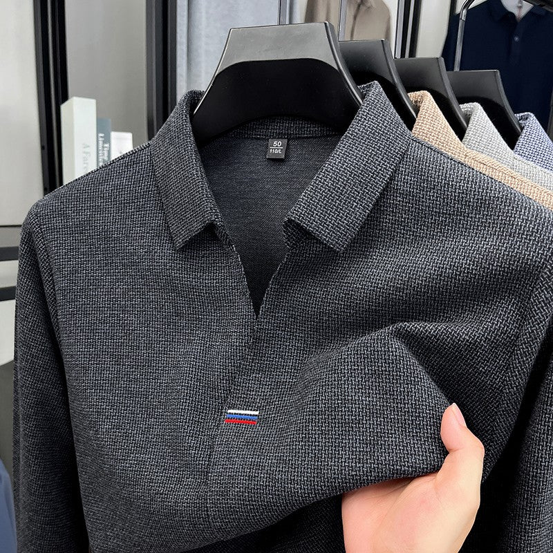 High end brand men's long sleeve V-neck polo shirt autumn fashion new striped embroidery design boutique golf top casual T-shirt