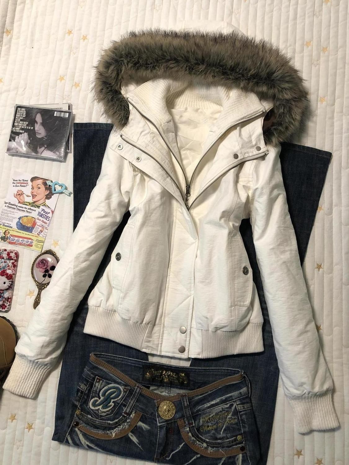 New autumn and winter retro pure white fur collar hooded jacket for women Y2k Harajuku slim personality street short jacket