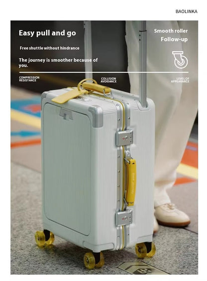Front Opening Luggage High Quality PC Aluminium Frame Suitcase Wide Handle Carry on Travel Luggage With Laptop USB Charger Port