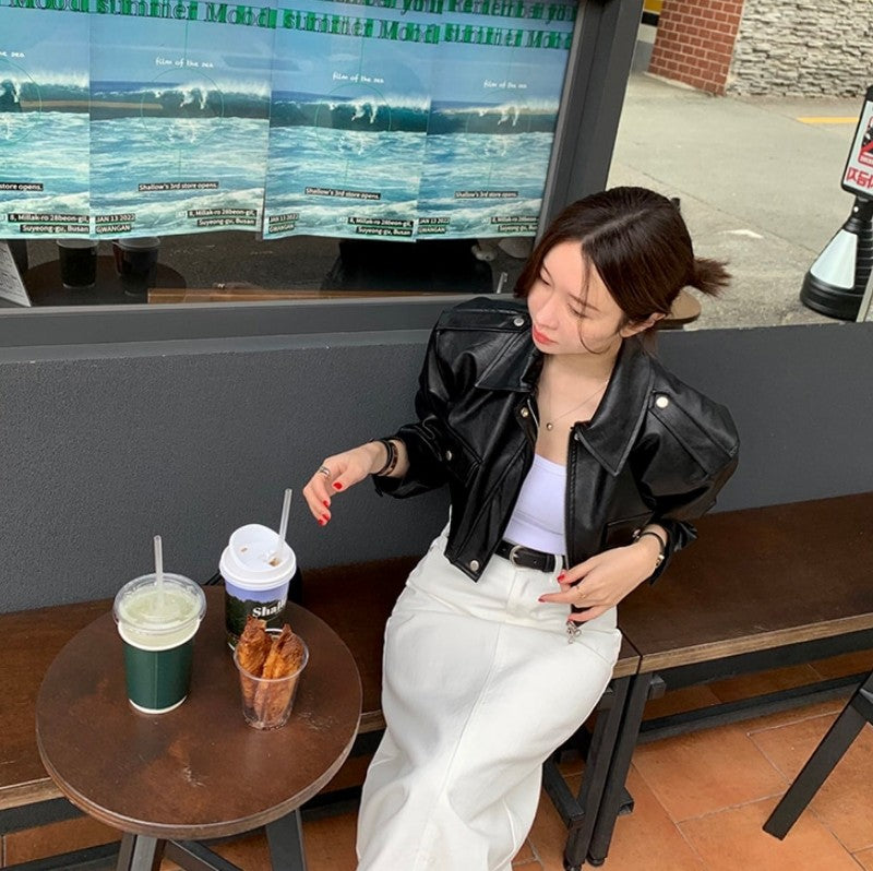 Women's Loose ort PU Leather Jaet Double ket Retro Collar Zipper Versatile Motorcycle Sle Top Trendy Commute Wind