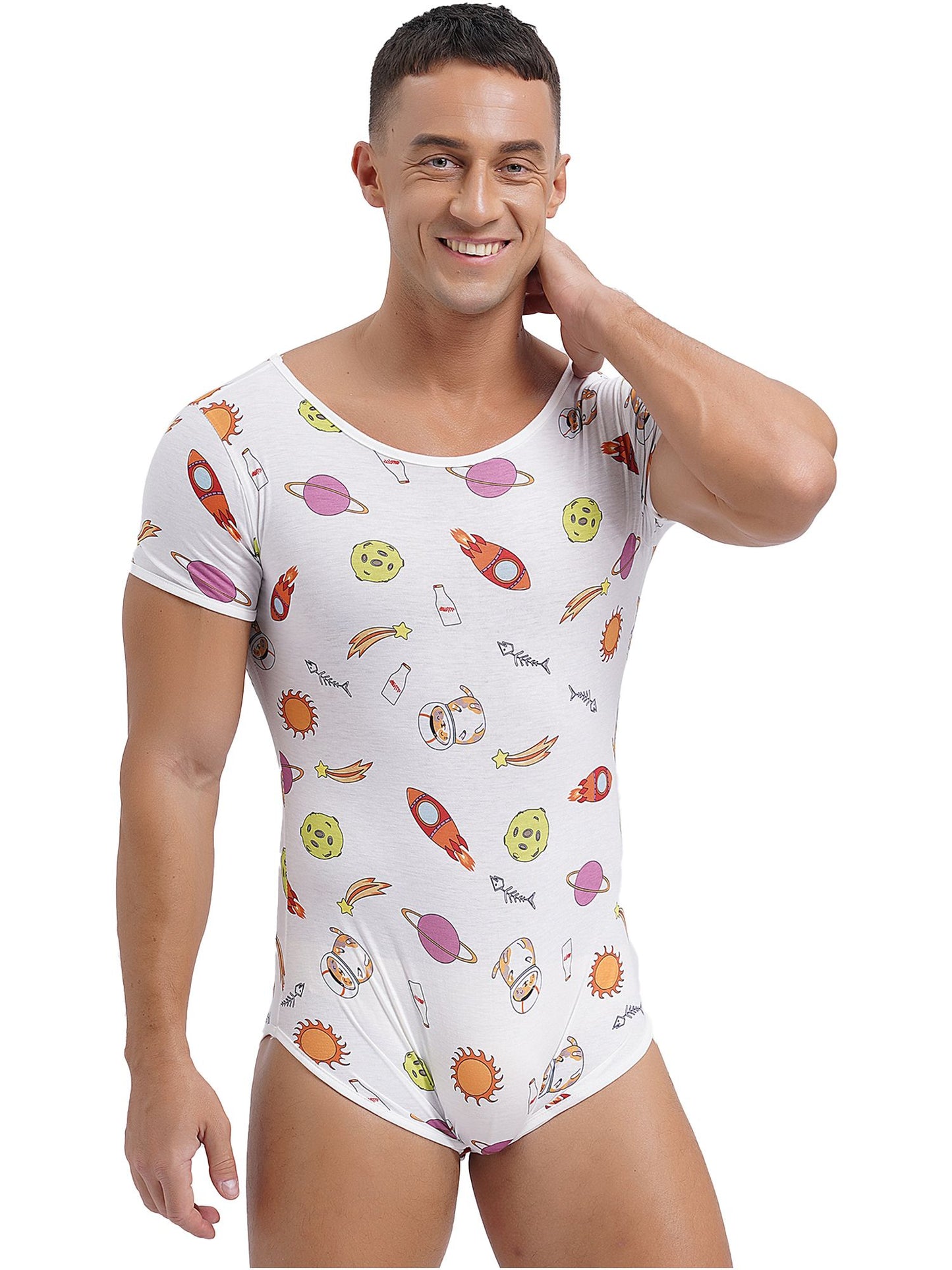Mens Cute Cartoon Print Bodysuit Sissy Pajamas Short Sleeve Buttoned Crotch Diaper Rompers Gay Male Onesies Sleepwear Loungewear