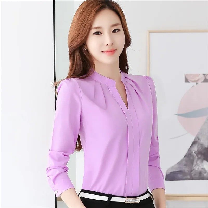 Chiffon Blouse Women Korean Fashion Women Clothing White Shirt  Long Sleeve Blouses V-neck Womens Tops Basic Shirts and Blouses