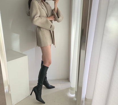 Retro Chic Autumn Winter Woolen Coat One Button Long Sve Suit Collar Waist Cinched Side Slit Warm Knitwear for Women