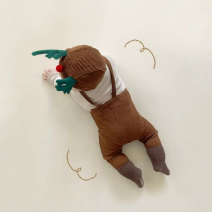 2025 Christmas Baby Suspender Pants with Hat Infant Knit Trousers Outfits Cute Toddler Newborn Casual Leggings Costumes