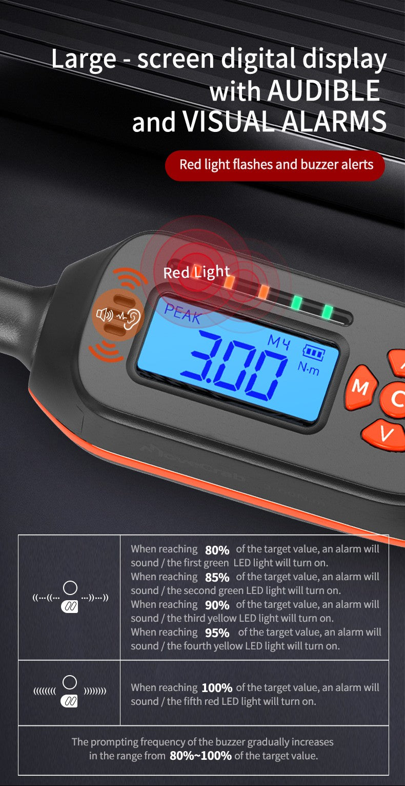 Chave de Torque Digital MOVECRAB 1.5-340 N.m com Valores Predefinidos, Precisão de 2%, Buzzer e Notificação por Flash LED