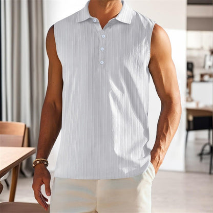 Men s Sleeveless Collared Tank Tops with Textured Stripes and Half Button-up Detail Solid Color Casual Shirts for Summer Wear