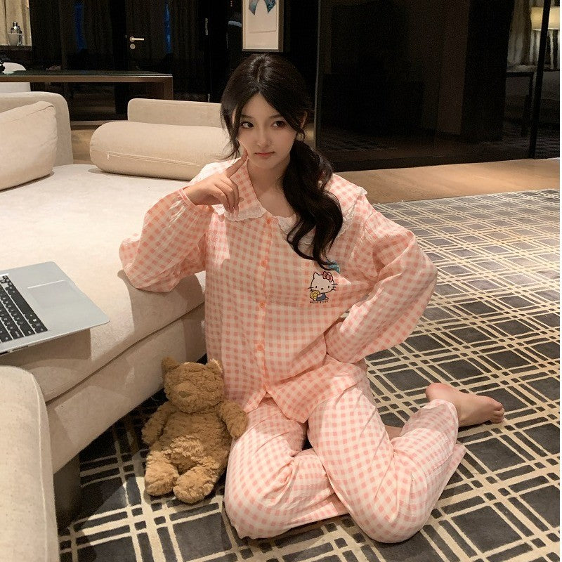 New Plus Size Sanrio Long Pajamas HelloKitty Lace Plaid Kawaii Cartoon Loose Sleepwear Pajamas Sets Autumn Winter Nightwear
