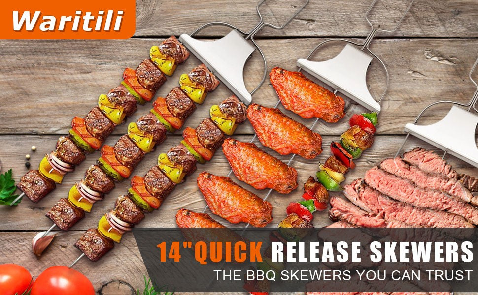 3Pcs Skewer Sticks Kabob Sticks for Grilling 14'' 3 Way Grill Skewers Metal Barbecue Skewers with Push Rod Sliders BBQ Accessory