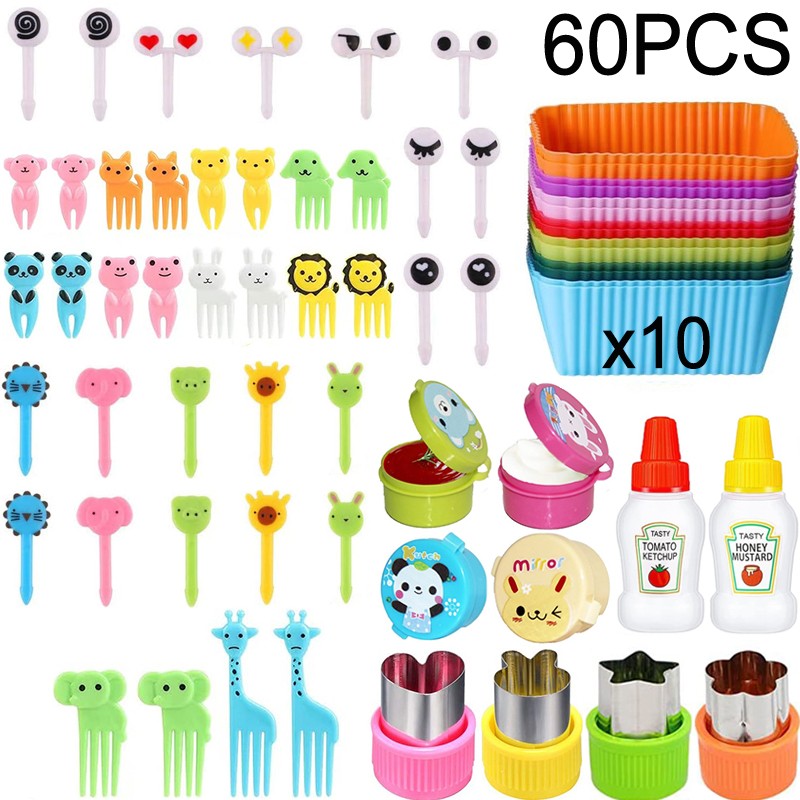 Mini Garfos de Fruta para Crianças Animais Fofos Palitos para Lanches com Cortador de Vegetais Conjunto de Divisórias de Silicone para Lancheira