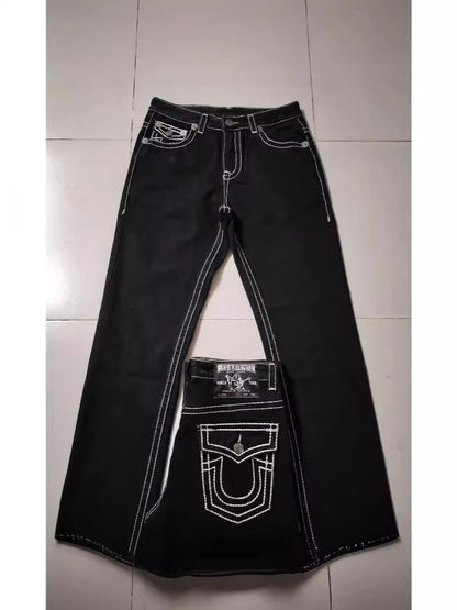 Buddha Jeans Vintage Y2K Men's Jeans Women's Pocket Embroidered Jeans Patch Leather Vintage Blue Jeans Loose Fit Jeans pants