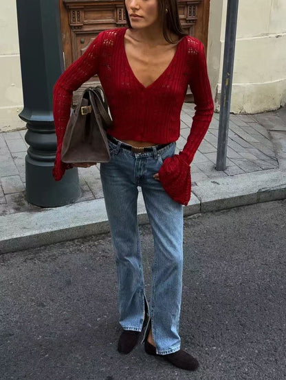 TARUXY Hollow Knitted Cardigan Women's Solid Long Sleeve V Neck Short Sweater Top Summer 2025 New Female Crochet Casual Outwear